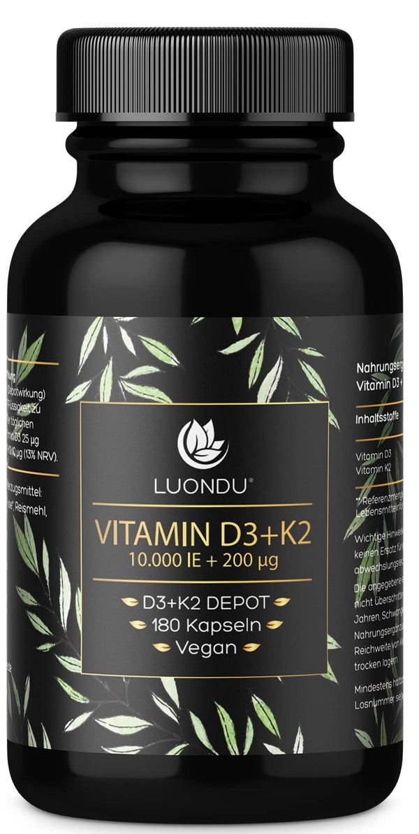 Luondu Vitamin D3 10,000 IU + Vitamin K2 MK7 200 mcg Depot (High Dose &amp; Vegan) Vitamin D3 K2 Capsules High Dose (180 Capsules)