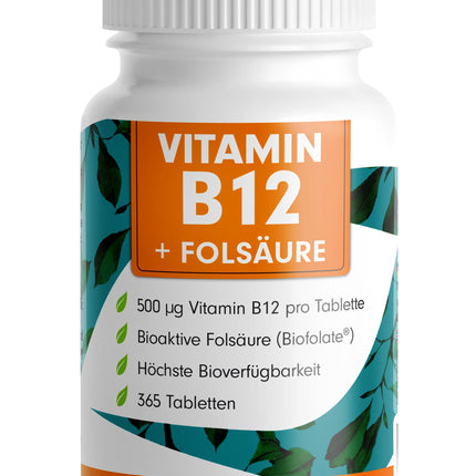 VITAMIN B12 high-dose - 365 tablets with 500µg Vit B12 + 200µg Biofolate® folic acid - Methylcobalamin, Adenosylcobalamin &amp; Hydroxocobalamin Vitamin B12 - laboratory-tested with certificate - 100% vegan