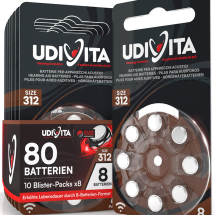 80 hearing aid batteries Udivita size 312 (brown) PR41 Zinc-Air with Sound Fusion technology – 10 blisters with 8 batteries