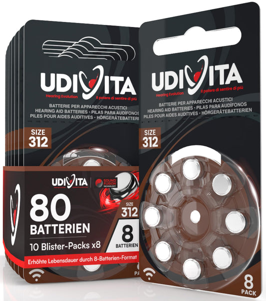 80 Batterien für Hörgeräte Udivita Größe 312 (Braun) PR41 Zink-Luft mit Sound Fusion-Technologie – 10 Blister mit 8 Batterien