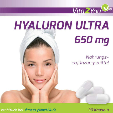 Vita2You Hyaluronic Acid Ultra 650mg - 90 vegan capsules - plant-based from fermentation - 500-700 kDa - High dosage - 3-month supply - no additives - Hyaluron - Premium quality