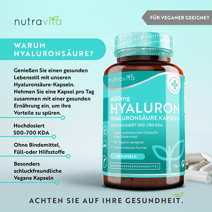 Nutravita® 600mg Hyaluronic Acid Capsules High Dose - With 600mg per capsule - 500-700 kDa - 90 Capsules (3 months) - Batch tested and certified by an independent German laboratory - Vegan