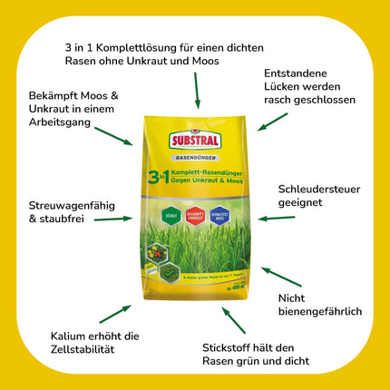 Substral 3-in-1 complete lawn fertilizer, 14 kg for 400 m² lawn area, with weed killer and moss killer