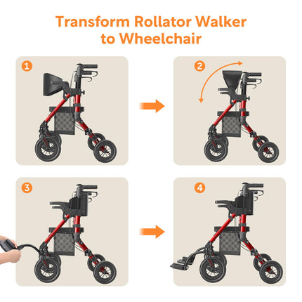 VOCIC 2 in 1 Wheelchair Rollator Foldable and Lightweight with Seat, Outdoor Rubber Tires for All Terrain, Lightweight Rollators with Mesh Bag, Aluminum Walking Aid Transport Chair, Red (5 Year Warranty)