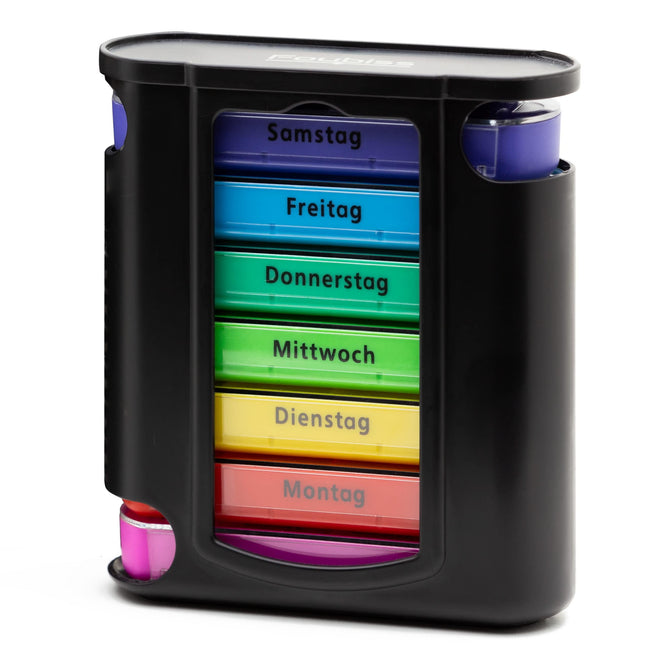Foubiss 7-day pill box – BPA-free – 4 daily compartments – pill box for on the go – medication box for morning, noon, evening, and night – senior-friendly