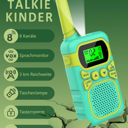 Walkie Talkie for Kids - Maximum range of 3 km. Christmas and birthday gifts for boys and girls aged 3, 4, 5, 6, 7, 8. Family games for indoors and outdoors. (Green)