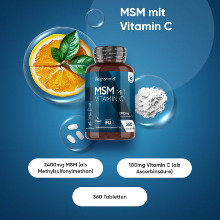 MSM 2400mg with 100mg Vitamin C - 360 vegan tablets for a 6-month supply - Methylsulfonylmethane &amp; Vit C - Alternative to capsules &amp; powder - Gluten-free &amp; free from magnesium stearate - WeightWorld