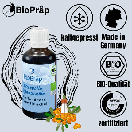 BioPräp ORGANIC Sea Buckthorn Oil from the Pulp | 50 ml | vegan and organic | cold-pressed | produced in Germany | certified production