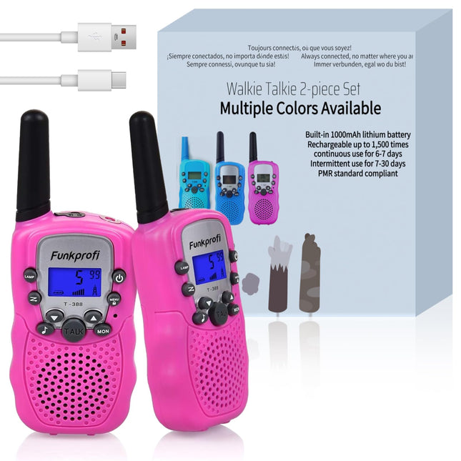 Radio professional walkie talkie set for kids, T-388 radio for children with built-in 1000 mAh rechargeable battery, hobby radio 8-channel PMR 446, range up to 2-3 km (set of 2) pink, pink