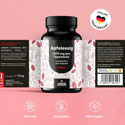 Apple Cider Vinegar Capsules - 200 Capsules High Dosage - 1000mg per Serving - Metabolism Apple Cider Vinegar Capsules, Apple Cider Vinegar Tablets - Vegan and produced in Germany, laboratory tested