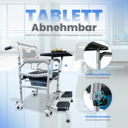 Commode Chair for Seniors with Shower Seat, Wheelchair and Removable Food Tray - Shower Chair for Seniors - Raised Toilet Seat for Adults - Commode Chairs - Commode Chair with Wheels up to 170KG