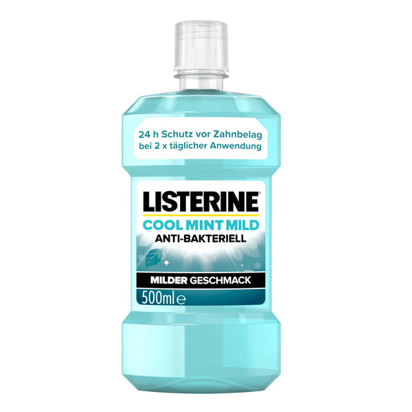 LISTERINE Cool Mint Mild (500 ml), antibacterial mouthwash with essential oils &amp; alcohol-free, mild dental care mouthwash, reduces plaque, effectively combats bad breath