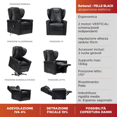Sime LV-P2 ADJUSTABLE electric recliner chair, vertical, 2 motors, independently adjustable backrest, footrest 2 wheels, seat height 10 cm adjustable, leather, electric stand-up aid, black