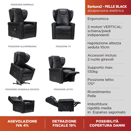 Sime LV-P2 ADJUSTABLE electric recliner chair, vertical, 2 motors, independently adjustable backrest, footrest 2 wheels, seat height 10 cm adjustable, leather, electric stand-up aid, black