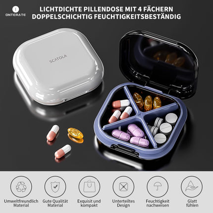 ONTERATE Daily Pill Organizer with 4 Compartments, Portable Travel Pill Case, Mini Pill Container for Handbag, Compact Travel Medicine Organizer for Vitamins, Dietary Supplements (Black)