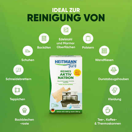 HEITMANN pure Pure Active Baking Soda | Reliably removes grease, odors, and stains throughout the home | 450 g