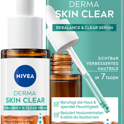 NIVEA Derma Skin Clear Rebalance &amp; Clear Serum, facial care for a visibly improved complexion, moisturizing hyaluronic serum with niacinamide (30 ml)