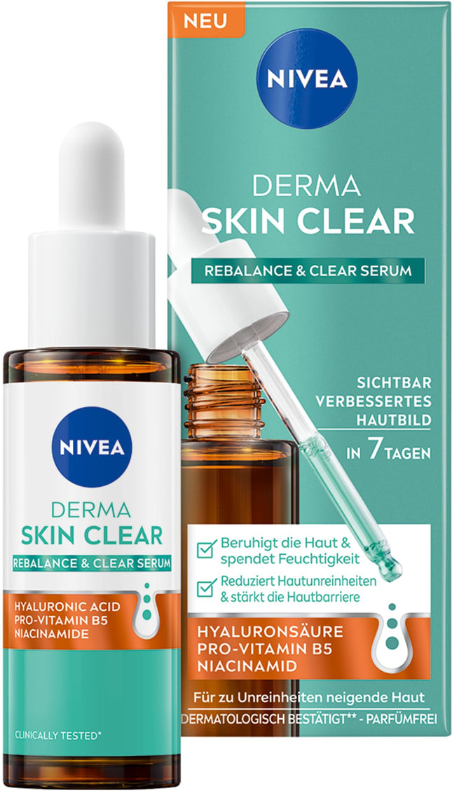 NIVEA Derma Skin Clear Rebalance &amp; Clear Serum, facial care for a visibly improved complexion, moisturizing hyaluronic serum with niacinamide (30 ml)