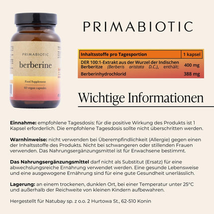 Primabiotic BERBERINE 400MG - 60 VEGAN Capsules | Berberis Vulgaris Extract | Natural Metabolism and Liver Health Support | Maximum Absorption | Liver Digestion, Bowel Function