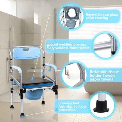 Izrielar Height-Adjustable Toilet Chair, Non-Slip Toilet Chair with Padded Seat and Toilet Bucket, Armrest and Backrest, Foldable Portable Toilet Bucket, Shower Stool up to 160 kg