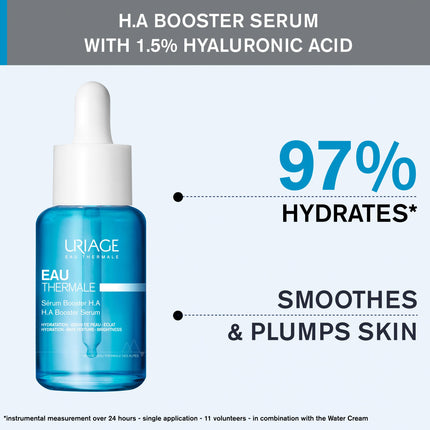 Uriage Hydro-Active HA Booster Serum with 1.5% pure &amp; natural hyaluronic acid - 86% plumped skin. Peachy-soft skin effect, lovely fragrance - Paraben-free - Non-comedogenic - 30 ml