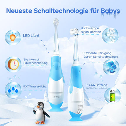 Seago Electric Toothbrush for Children and Baby Toothbrushes from 0, 1, 2, 3 Years, with LED Light, Round Soft Replacement Brushes, Electric Toothbrush for Baby, 2 Minute Smart Timer, Waterproof IPX7, SG513 (Blue)