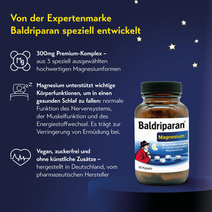 Baldriparan® Magnesium – a high-dose premium complex with magnesium bisglycinate from the pharmacy. High bioavailability. Laboratory-tested, vegan, and free of artificial additives.