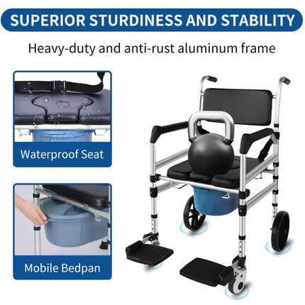 Eosprim height-adjustable toilet wheelchair, toilet chair for seniors with wheels, commode chair for seniors, shower chair with wheels for the disabled, mobile toilet chair with arms