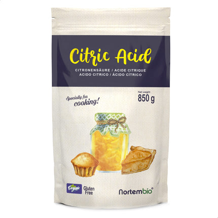 Nortembio Organic Citric Acid Powder 850 g. Food-grade, 100% pure. Acidifier and preservative for cooking and baking. E-book with recipes included.