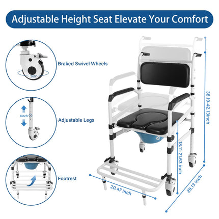 Height-adjustable toilet wheelchair, toilet chair for seniors with wheels, shower wheelchair, bedside chair for seniors, shower chair with wheels for the disabled, mobile toilet chair with arms (black)