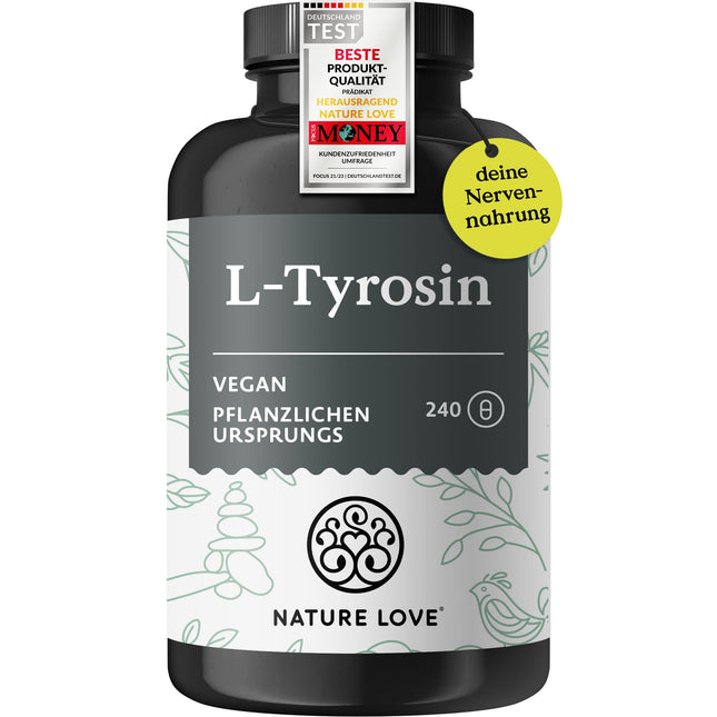 Nature Love L-Tyrosine 240 vegan capsules - 1000 mg per daily dose - 4-month supply - from fermentation, laboratory-tested and produced in Germany - no unwanted additives