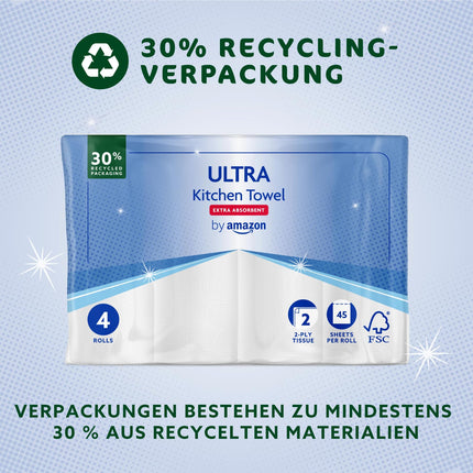 by Amazon ULTRA Kitchen Roll, Extra Absorbent, 4 Rolls (4 Rolls, 1 Pack), 45 Sheets per Roll, Wring and Reuse, FSC Certified