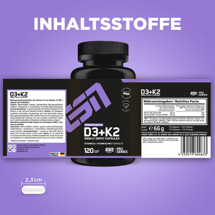 ESN Vitamin D3 + K2, 120 capsules, for immune system, bones and blood production, vegan &amp; made in Germany