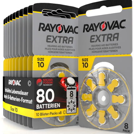 80 hearing aid batteries Rayovac Extra 10. - 10 blisters of 8 batteries
