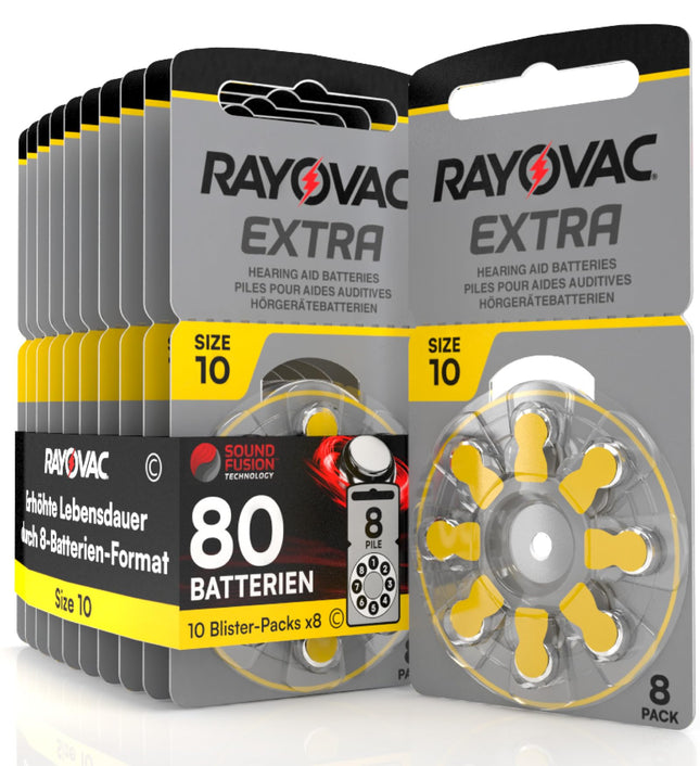 80 hearing aid batteries Rayovac Extra 10. - 10 blisters of 8 batteries