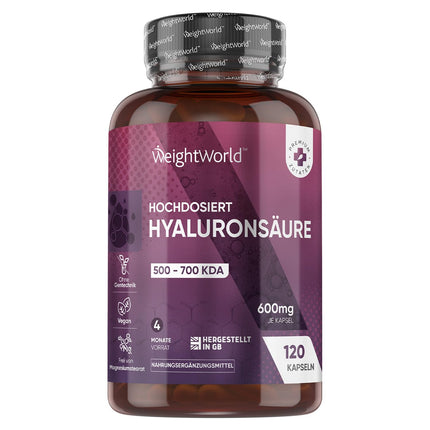 Hyaluronic Acid Capsules - 600mg per Capsule - 120 Vegan Hyaluronic Capsules - 4 Month Supply - Molecule Size (500-700 KDA) - Hyaluronic Acid - Serum Alternative - WeightWorld