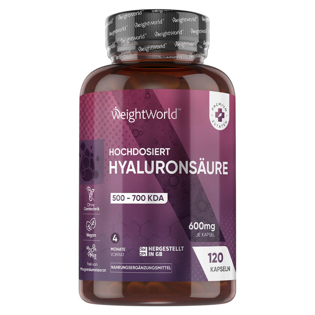 Hyaluronic Acid Capsules - 600mg per Capsule - 120 Vegan Hyaluronic Capsules - 4 Month Supply - Molecule Size (500-700 KDA) - Hyaluronic Acid - Serum Alternative - WeightWorld