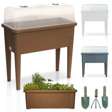 Onbest raised bed/cold frame – with cover/water indicator – made of robust plastic – ideal for garden/patio/balcony – raised herb bed for growing – planter including garden tools (Coffee)