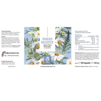 NATURTREU® Magenbalance Betaine HCL Complex vegan - with Pepsin, Chamomile &amp; Chloride - Supports stomach acid and digestion* - Full spectrum enzyme capsules with high dosage