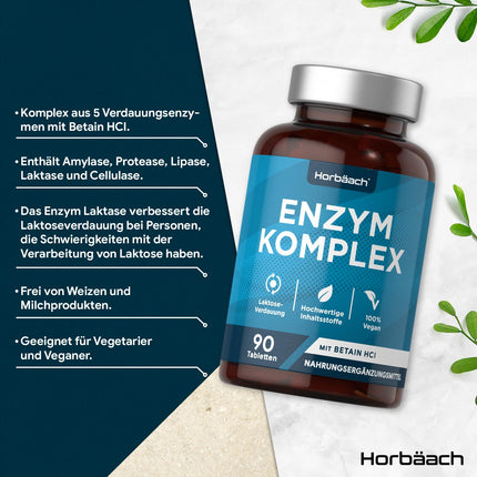 Digestive Enzymes | Enzyme Complex Amylase, Protease, Lactase, Lipase, and Cellulase | Betaine HCl | 90 vegan tablets | Digestive Enzymes | Horbaach