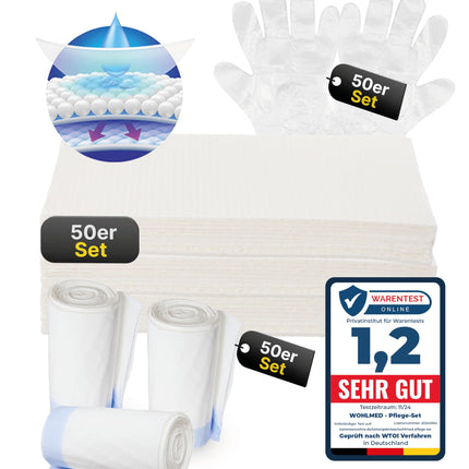 Wohlmed 50-piece set of leak-proof toilet bags and absorbent pads, including 50 pairs of gloves, tear-resistant and leak-proof, hygienic and odor-binding, ideal for bedpans, commodes, and camping