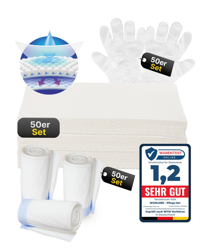 Wohlmed 50-piece set of leak-proof toilet bags and absorbent pads, including 50 pairs of gloves, tear-resistant and leak-proof, hygienic and odor-binding, ideal for bedpans, commodes, and camping