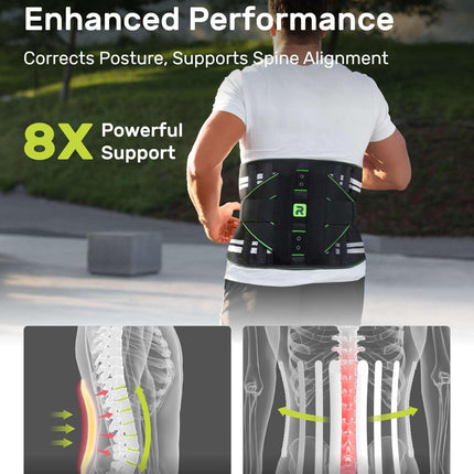 Rakiie Back Support Belt for Men and Women, 8-Way Lumbar Support with 3D Pad and Massage, Breathable Back Brace for Back Pain Relief (XL)