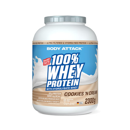Body Attack 100% Whey Protein - Cookies n Cream, 2.3 kg - Made in Germany - extra creamy protein powder with hydrolysate and BCAAs, supports muscle building and diets, for all sportsmen and women