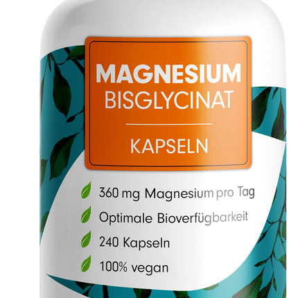 Magnesium Bisglycinate Capsules 240x - optimally high dosage &amp; bioavailable - 360 mg magnesium per day - laboratory-tested with certificate - 100% vegan - 80-day supply