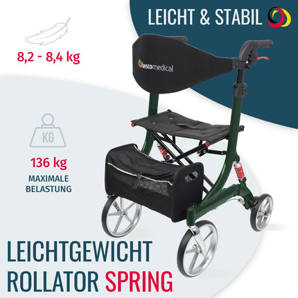 Lightweight Rollator Spring - Walking aid with comfortable suspension - height adjustable &amp; foldable - includes mesh pocket &amp; back strap - comfortable seat - foldable - Model S Jade Green