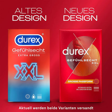 Durex XXL Condoms Mixed Pack - Realistic condoms with a great fit and close to the skin. Condoms with a large, anatomical, easy-on shape - moistened with silicone lubricant - 16 pieces (2 x 8 pieces)