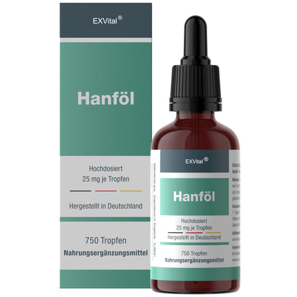 EXVital hemp seed oil, 25mg per daily dose, 750 drops, cold-pressed, 30ml, premium cultivation, vegan &amp; laboratory-tested