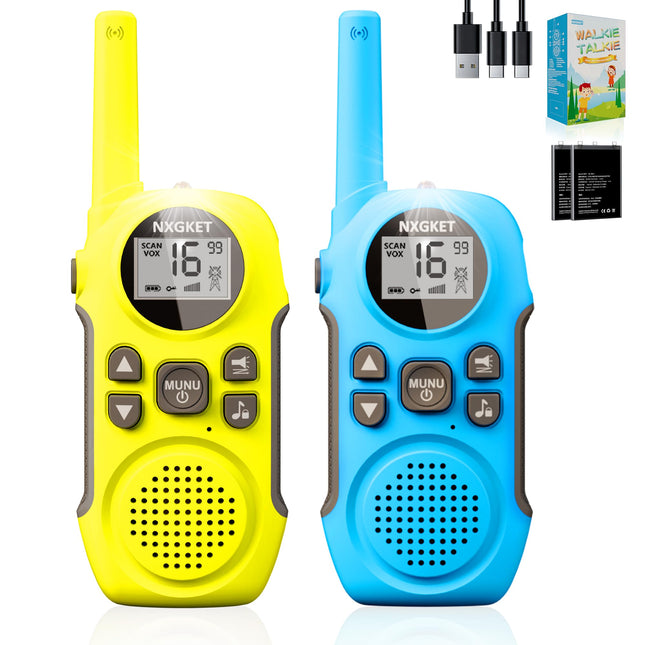 NXGKET Walkie Talkie Kids Adults Rechargeable, Walkie Talkie Set of 2 with Li-Ion Battery, Vox, 3km Range Radio Gift for Girls Boys 3-12 Years, Toy Walkie Talkie for Outdoors, Camping, Hiking
