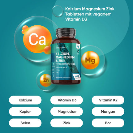 Calcium Magnesium Zinc - 400 Tablets 1+ Year - Magnesium, Vitamin D3, K2, Boron, Selenium, Copper - 500mg Calcium - Vegan - 1 Tablet Per Day - Gluten-Free - Alternative to Capsules - WeightWorld